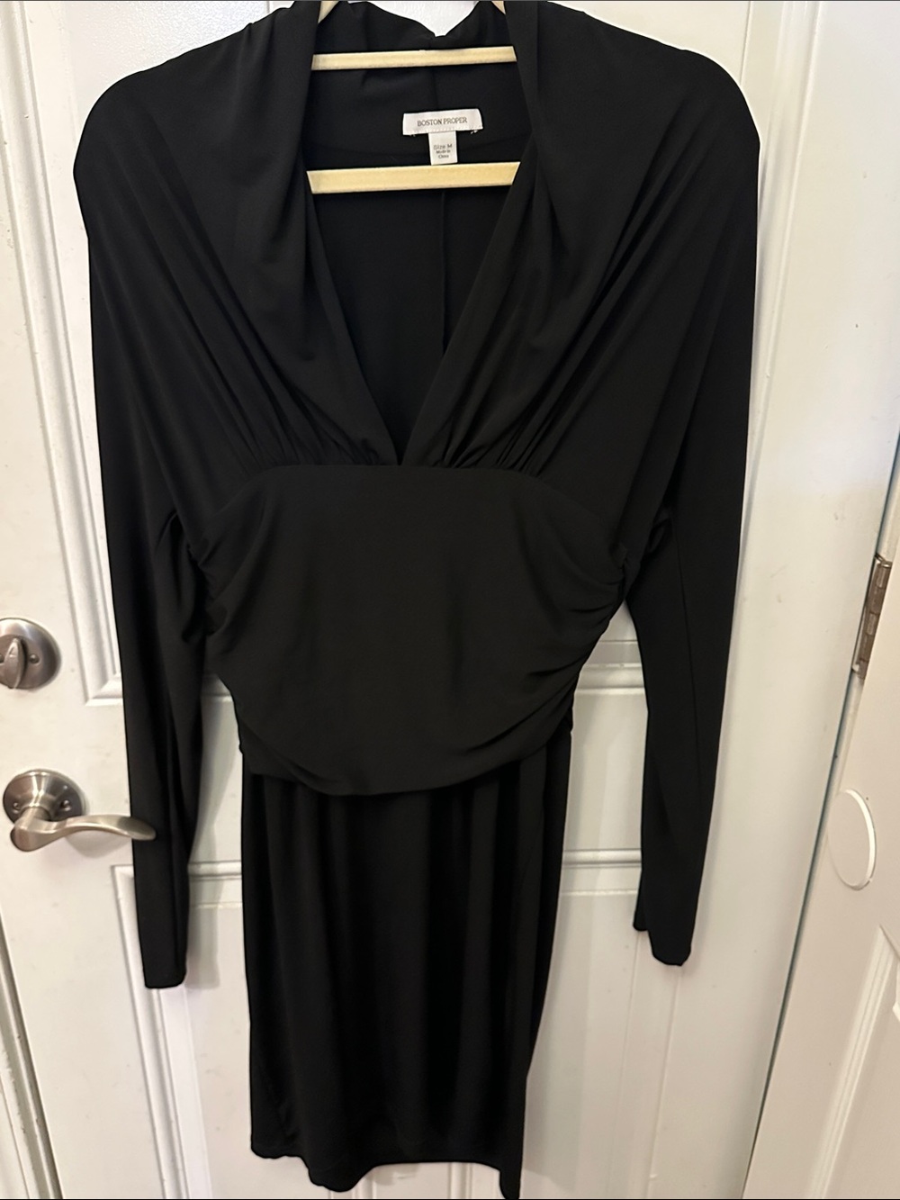 Classy Elegant Boston Proper Black Draped Long-Sleeve V-Neck Dress size Medium M